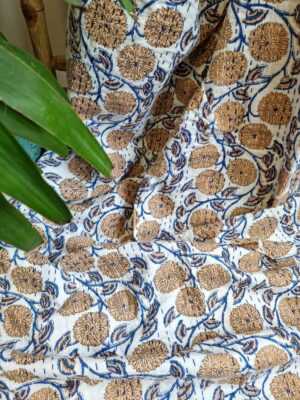 Kantha Stitch Cotton Reversible in Elegant White Beige Navy Floral Twirls - Image 2