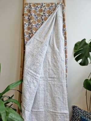 Kantha Stitch Cotton Reversible in Elegant White Beige Navy Floral Twirls - Image 5