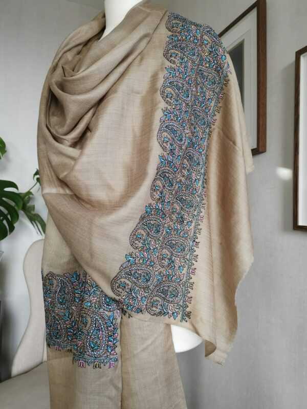 Pashmina Paisley Embroidery Scarf in Earthy Beige Turquoise