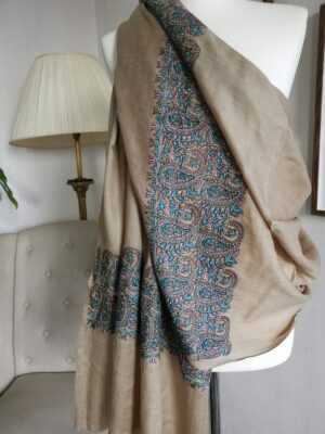 Pashmina Paisley Embroidery Scarf in Earthy Beige Turquoise - Image 2