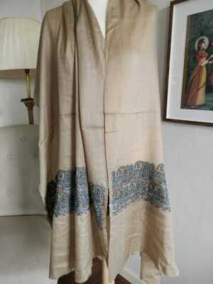 Pashmina Paisley Embroidery Scarf in Earthy Beige Turquoise - Image 3