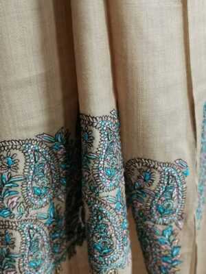Pashmina Paisley Embroidery Scarf in Earthy Beige Turquoise - Image 4