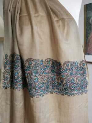 Pashmina Paisley Embroidery Scarf in Earthy Beige Turquoise - Image 6