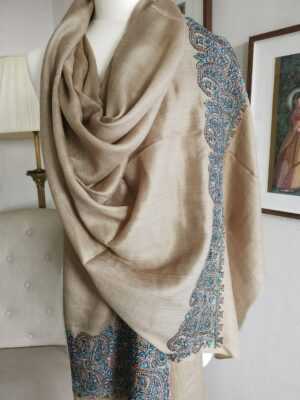 Pashmina Paisley Embroidery Scarf in Earthy Beige Turquoise - Image 7
