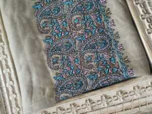 Pashmina Paisley Embroidery Scarf in Earthy Beige Turquoise - Image 9