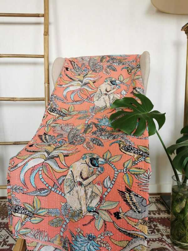 Kantha Pure Cotton Reversible Throw in Bright Peach
