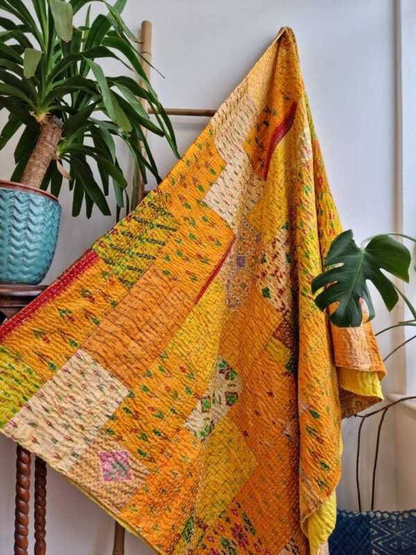 Kantha Pure Silk Cotton Reversible Throw King Size In Elegant Yellow Green Ikat