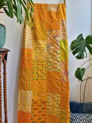 Kantha Pure Silk Cotton Reversible Throw King Size In Elegant Yellow Green Ikat - Image 2