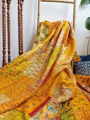 Kantha Pure Silk Cotton Reversible Throw King Size In Elegant Yellow Green Ikat - Image 3