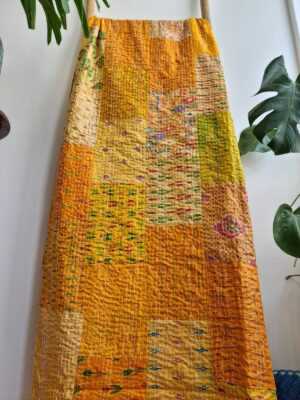 Kantha Pure Silk Cotton Reversible Throw King Size In Elegant Yellow Green Ikat - Image 4
