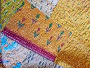Kantha Pure Silk Cotton Reversible Throw King Size In Elegant Yellow Green Ikat - Image 5