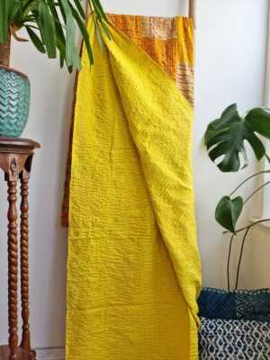 Kantha Pure Silk Cotton Reversible Throw King Size In Elegant Yellow Green Ikat - Image 6