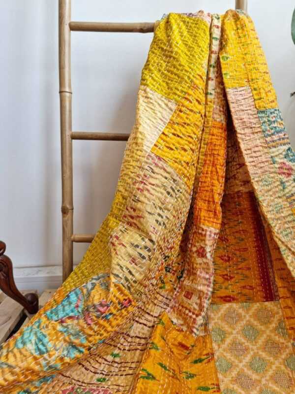 Kantha Silk Cotton Reversible Throw in Turmeric Yellow Ikat