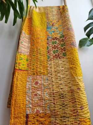 Kantha Silk Cotton Reversible Throw in Turmeric Yellow Ikat - Image 2