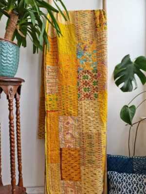 Kantha Silk Cotton Reversible Throw in Turmeric Yellow Ikat - Image 3