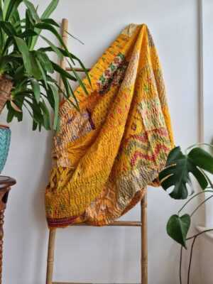 Kantha Silk Cotton Reversible Throw in Turmeric Yellow Ikat - Image 4
