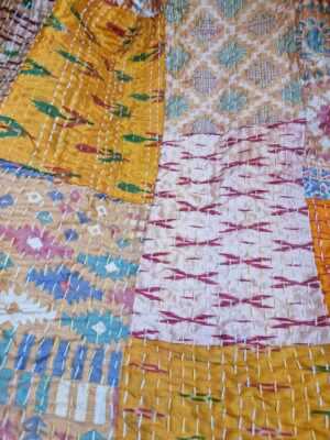 Kantha Silk Cotton Reversible Throw in Turmeric Yellow Ikat - Image 5