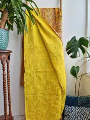 Kantha Silk Cotton Reversible Throw in Turmeric Yellow Ikat - Image 6