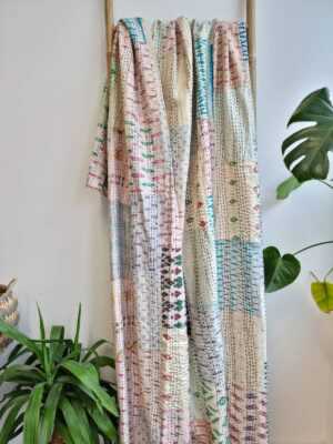 Kantha Stitch Pure Silk Cotton Reversible Bed/Sofa/Picnic/Kids Room Throw SingleSize Silk Patchwork Indian Handmade Elegant White Beige Ikat - Image 2