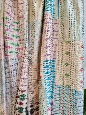Kantha Stitch Pure Silk Cotton Reversible Bed/Sofa/Picnic/Kids Room Throw SingleSize Silk Patchwork Indian Handmade Elegant White Beige Ikat - Image 4