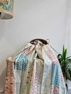 Kantha Stitch Pure Silk Cotton Reversible Bed/Sofa/Picnic/Kids Room Throw SingleSize Silk Patchwork Indian Handmade Elegant White Beige Ikat - Image 5