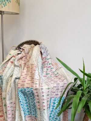Kantha Stitch Pure Silk Cotton Reversible Bed/Sofa/Picnic/Kids Room Throw SingleSize Silk Patchwork Indian Handmade Elegant White Beige Ikat - Image 6