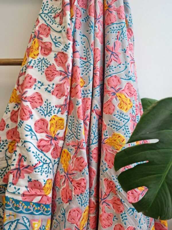 Pure Soft Cotton Indian Floral Dohar Reversible Bed/Sofa Throw Summer Quilted King Size Handmade HandPrinted White Pastel Grey Peach Yellow