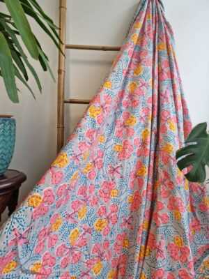 Pure Soft Cotton Indian Floral Dohar Reversible Bed/Sofa Throw Summer Quilted King Size Handmade HandPrinted White Pastel Grey Peach Yellow - Image 2