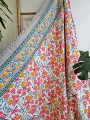 Pure Soft Cotton Indian Floral Dohar Reversible Bed/Sofa Throw Summer Quilted King Size Handmade HandPrinted White Pastel Grey Peach Yellow - Image 3