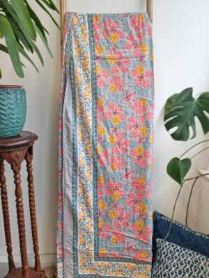Pure Soft Cotton Indian Floral Dohar Reversible Bed/Sofa Throw Summer Quilted King Size Handmade HandPrinted White Pastel Grey Peach Yellow - Image 5