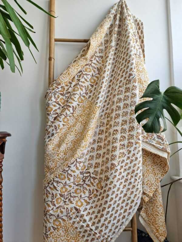 Kantha Stitch Pure Cotton Reversible Bed/Sofa Throw King Size | Handmade HandPrinted Floral Dohar | White Mustard Yellow Patchwork
