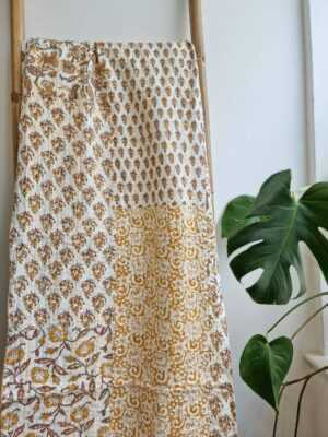 Kantha Stitch Pure Cotton Reversible Bed/Sofa Throw King Size | Handmade HandPrinted Floral Dohar | White Mustard Yellow Patchwork - Image 2