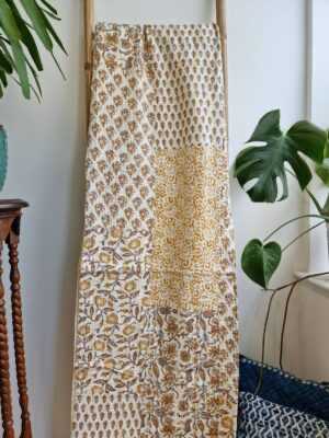Kantha Stitch Pure Cotton Reversible Bed/Sofa Throw King Size | Handmade HandPrinted Floral Dohar | White Mustard Yellow Patchwork - Image 4