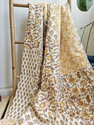 Kantha Stitch Pure Cotton Reversible Bed/Sofa Throw King Size | Handmade HandPrinted Floral Dohar | White Mustard Yellow Patchwork - Image 5