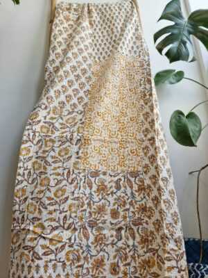 Kantha Stitch Pure Cotton Reversible Bed/Sofa Throw King Size | Handmade HandPrinted Floral Dohar | White Mustard Yellow Patchwork - Image 6