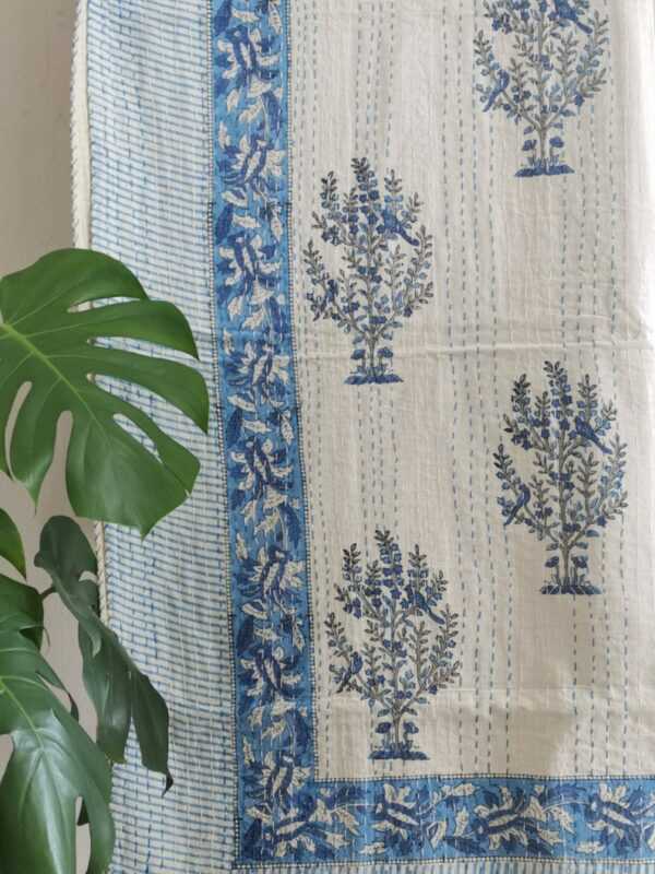 Kantha Stitch Pure Cotton Reversible Bed/Sofa Throw King Size | Handmade HandPrinted Floral Dohar | White Blue Tree Orchard Motif