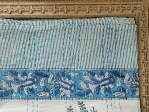 Kantha Stitch Pure Cotton Reversible Bed/Sofa Throw King Size | Handmade HandPrinted Floral Dohar | White Blue Tree Orchard Motif - Image 2