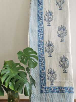Kantha Stitch Pure Cotton Reversible Bed/Sofa Throw King Size | Handmade HandPrinted Floral Dohar | White Blue Tree Orchard Motif - Image 4