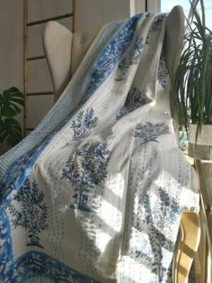 Kantha Stitch Pure Cotton Reversible Bed/Sofa Throw King Size | Handmade HandPrinted Floral Dohar | White Blue Tree Orchard Motif - Image 6