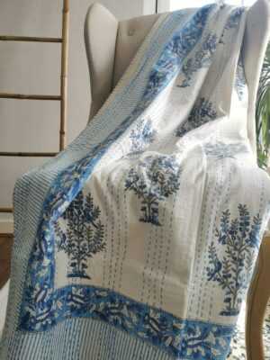 Kantha Stitch Pure Cotton Reversible Bed/Sofa Throw King Size | Handmade HandPrinted Floral Dohar | White Blue Tree Orchard Motif - Image 7