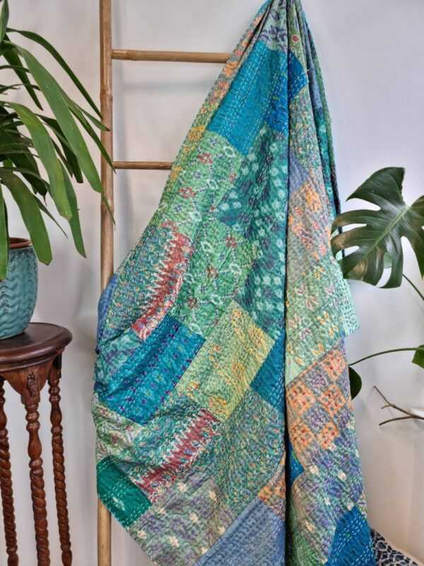 Kantha Stitch Pure Silk Cotton Reversible Bed/Sofa/Picnic/Kids Room Throw SingleSize Silk Patchwork Indian Sea Green Aqua Teal Floral Ikat
