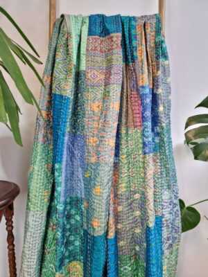 Kantha Stitch Pure Silk Cotton Reversible Bed/Sofa/Picnic/Kids Room Throw SingleSize Silk Patchwork Indian Sea Green Aqua Teal Floral Ikat - Image 2