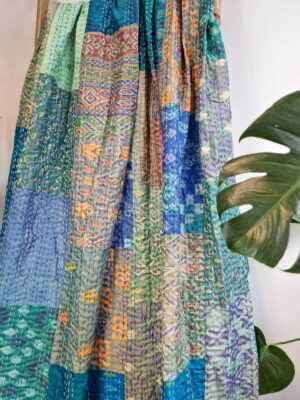 Kantha Stitch Pure Silk Cotton Reversible Bed/Sofa/Picnic/Kids Room Throw SingleSize Silk Patchwork Indian Sea Green Aqua Teal Floral Ikat - Image 3