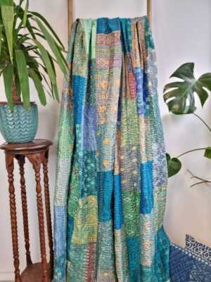 Kantha Stitch Pure Silk Cotton Reversible Bed/Sofa/Picnic/Kids Room Throw SingleSize Silk Patchwork Indian Sea Green Aqua Teal Floral Ikat - Image 4