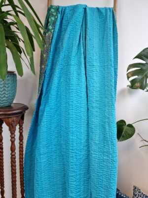 Kantha Stitch Pure Silk Cotton Reversible Bed/Sofa/Picnic/Kids Room Throw SingleSize Silk Patchwork Indian Sea Green Aqua Teal Floral Ikat - Image 5