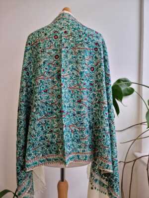 Jamawar Hand Embroidery Wool Pashmina Scarf Stole in Pastel Cream Aqua - Image 5