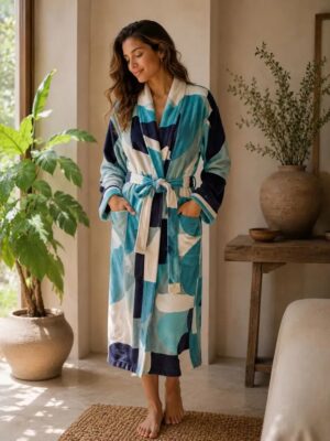 Luxury Velvet House Robe Unisex Kimono in Teal White Navy Quirky Abstract