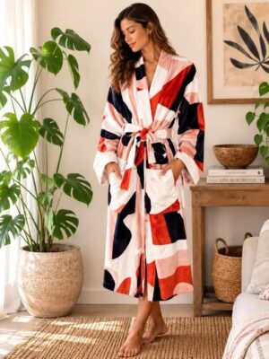 Luxury Velvet House Robe Unisex Kimono in Abstract Orange White