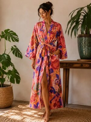 Pure Cotton Kimono in Spring Peach Black Multicolour Botanical Bloom