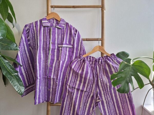 Cotton Pyjama Sleep Set in Purple Stripe